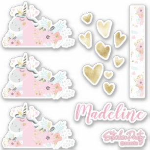 Cute Unicorn Floral Heart Personalised Sticker Set