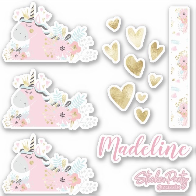 Cute Unicorn Floral Heart Personalised Sticker Set (Front)