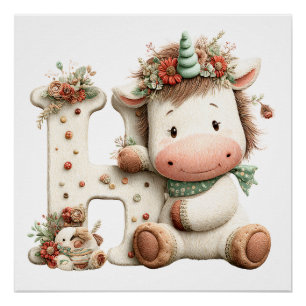 Cute Unicorn Floral Letter H Nursery Poster
