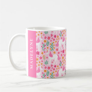 Cute Unicorn Floral Pattern Pink Personalised Name Coffee Mug