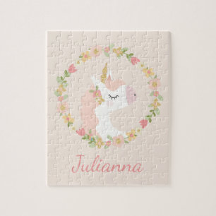 Cute Unicorn Floral Wreath Blush Pink Custom Name Jigsaw Puzzle