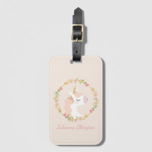 Cute Unicorn Floral Wreath Blush Pink Custom Name Luggage Tag