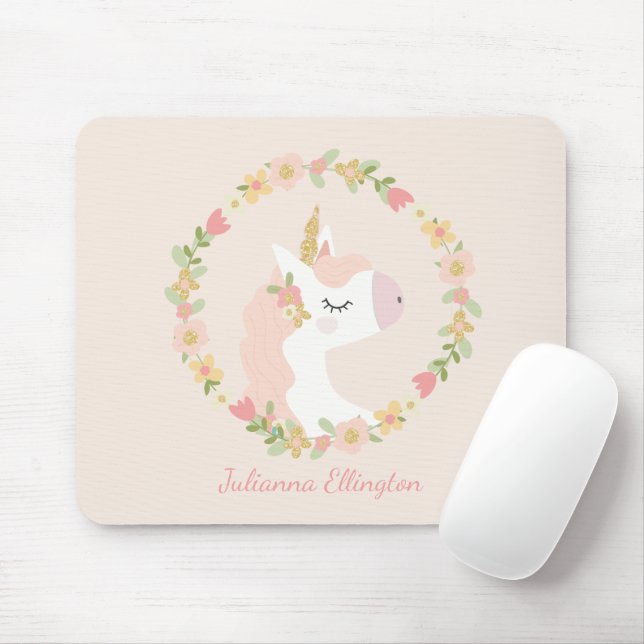 Cute Unicorn Floral Wreath Blush Pink Custom Name Mouse Mat (With Mouse)