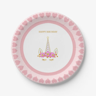 Cute Unicorn, Flowers and Gold Confetti Birthday P Paper Plate