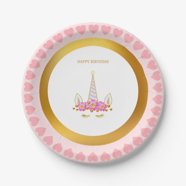 Cute Unicorn, Flowers and Gold Confetti Birthday P Paper Plate (Front)