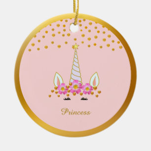 Cute Unicorn, Flowers & Gold Confetti Ceramic Tree Decoration