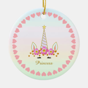 Cute Unicorn, Flowers, Hearts & Gold Confetti Ceramic Tree Decoration