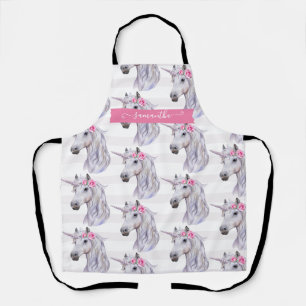 Cute Unicorn Flowers on Head Stripe Background Apron
