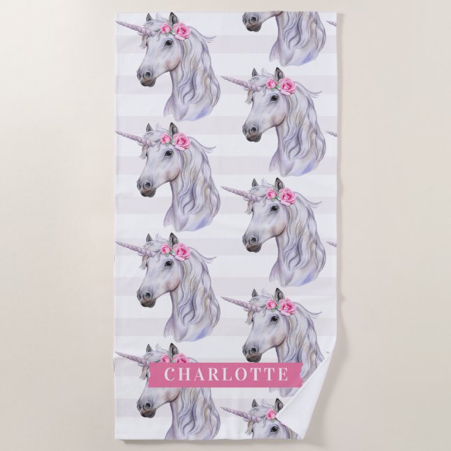 Cute Unicorn Flowers on Head Stripe Background Beach Towel (Front)