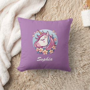 Cute Unicorn & Flowers, Personalise Name, Lavender Cushion