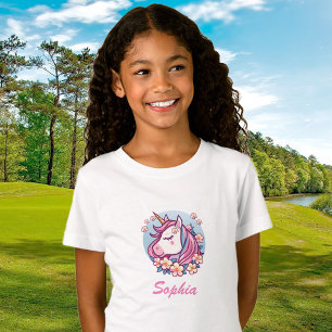 Cute Unicorn & Flowers, Personalise Name T-Shirt