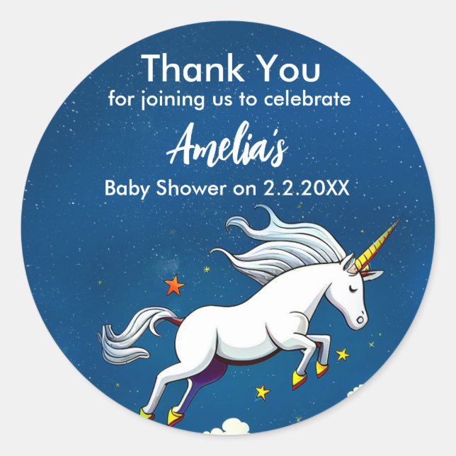 Cute Unicorn Flying Across The Sky | Baby Shower Classic Round Sticker (Front)
