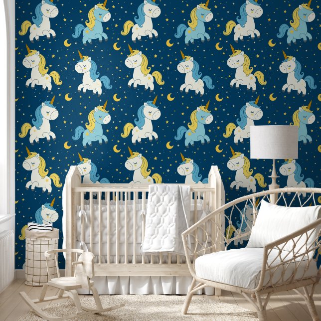 Cute Unicorn flying in Sky Moon Stars Pattern Wallpaper (Kids)