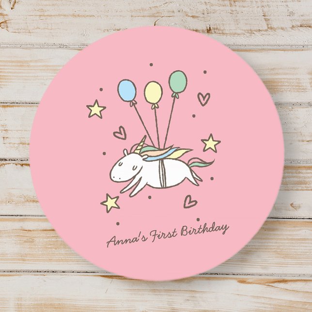 Cute Unicorn Flying on Balloons Birthday Classic Round Sticker (Creator Uploaded)