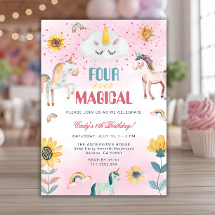 Cute Unicorn Four Ever Magical 4th Party Birthday  Invitation