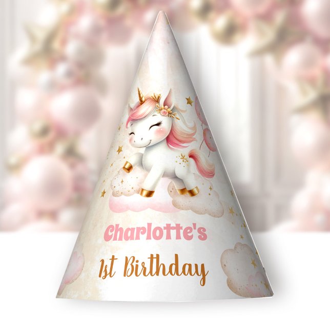 Cute Unicorn Girl 1st Birthday Pink Beige Paper Party Hat (Pink Cute Unicorn Girl 1st Birthday Paper Party Hat)