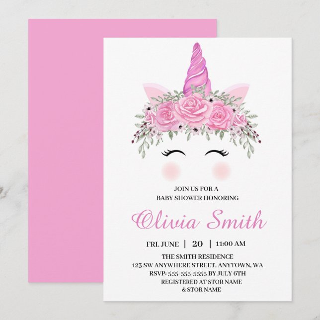 Cute Unicorn Girl Baby Shower With Pink Name Invitation (Front/Back)