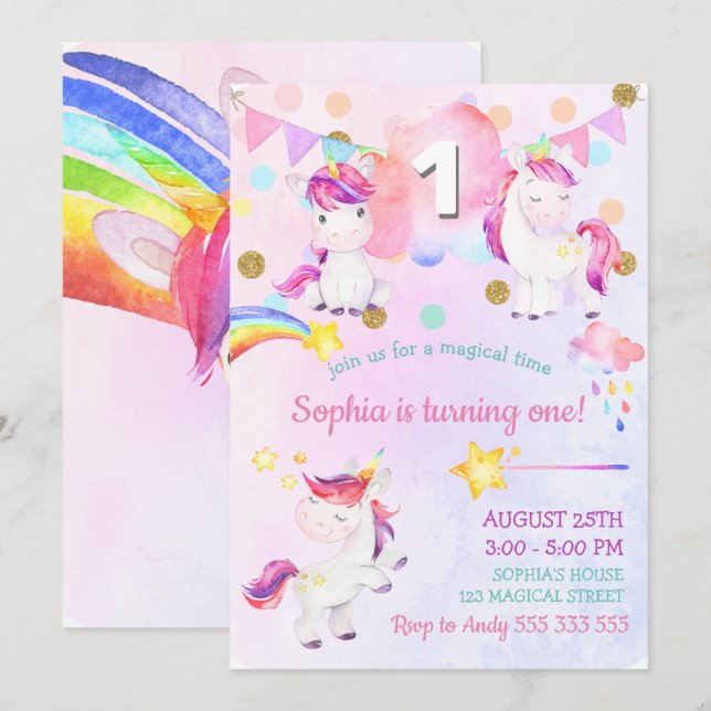 Cute Unicorn Girl First Birthday Magical Rainbow Invitation (Front/Back)