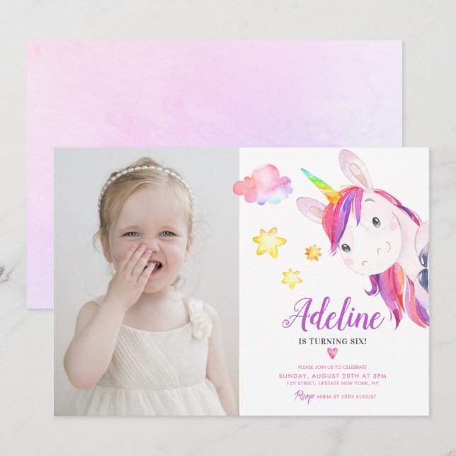 Cute Unicorn Girl Magical Birthday Rainbow Photo  Invitation (Front/Back)