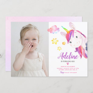 Cute Unicorn Girl Magical Birthday Rainbow Photo Invitation