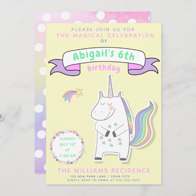 Cute Unicorn | Girls Birthday Party Invitation (Front/Back)
