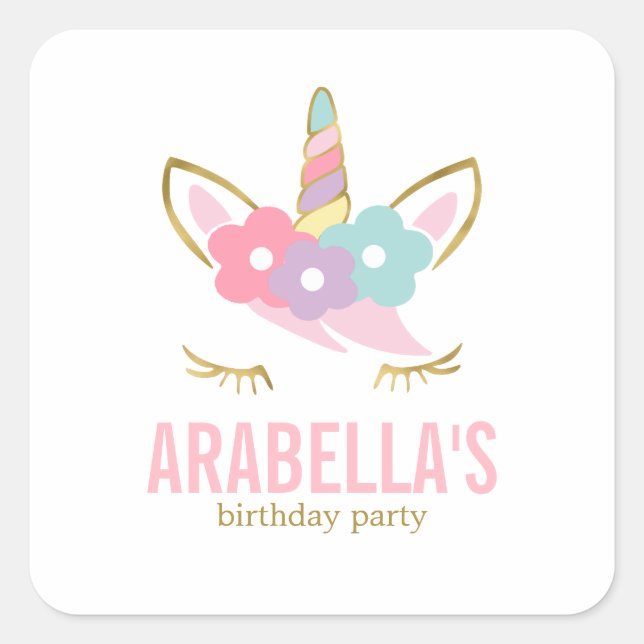 Cute Unicorn Girls Birthday Party Square Sticker (Front)