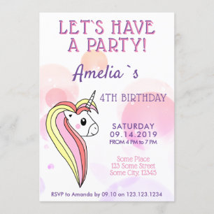 Cute Unicorn Girly Kids Birthday Invitation