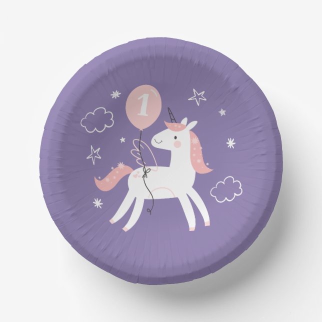 Cute Unicorn Girly Purple and Pink Birthday Paper Plate (Front)