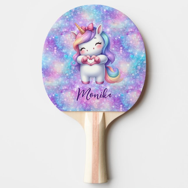 Cute Unicorn Glitter I Love You Personalised Name Ping Pong Paddle (Front)