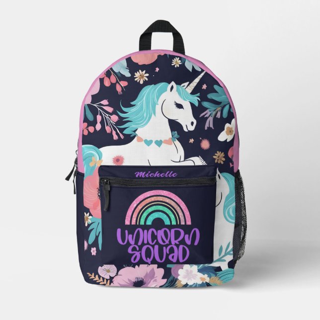 Cute Unicorn, Glitter Rainbow Custom Name Backpack (Front)