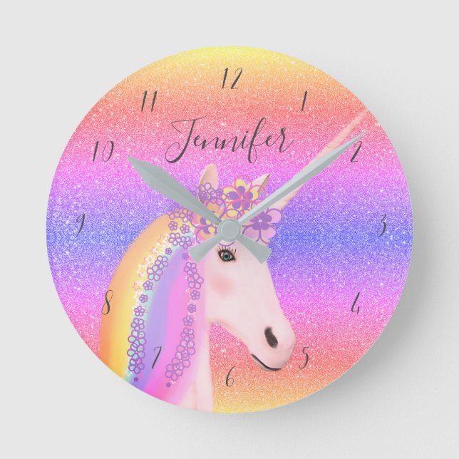 Cute Unicorn Glitter Rainbow Kids Monogram Name Round Clock (Front)