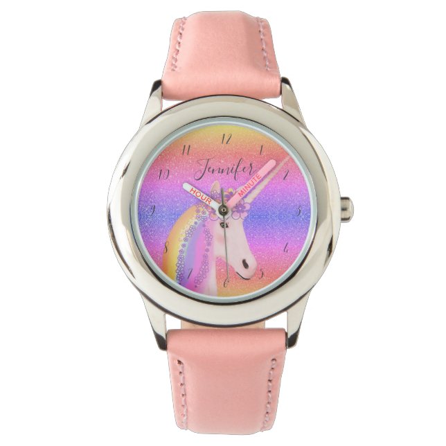 Cute Unicorn Glitter Rainbow Personalised Kids Watch (Front)