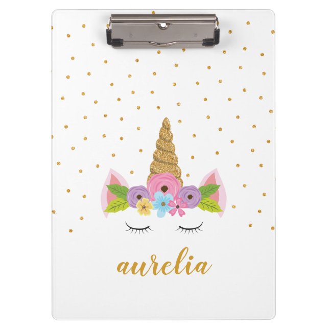 Cute Unicorn Gold Glitter Girly Custom Name Clipboard (Front)