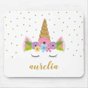 Cute Unicorn Gold Glitter Girly Custom Name Mouse Mat