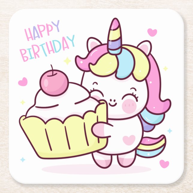 Cute Unicorn Happy Birthday Cake  Square Paper Coaster (Front)
