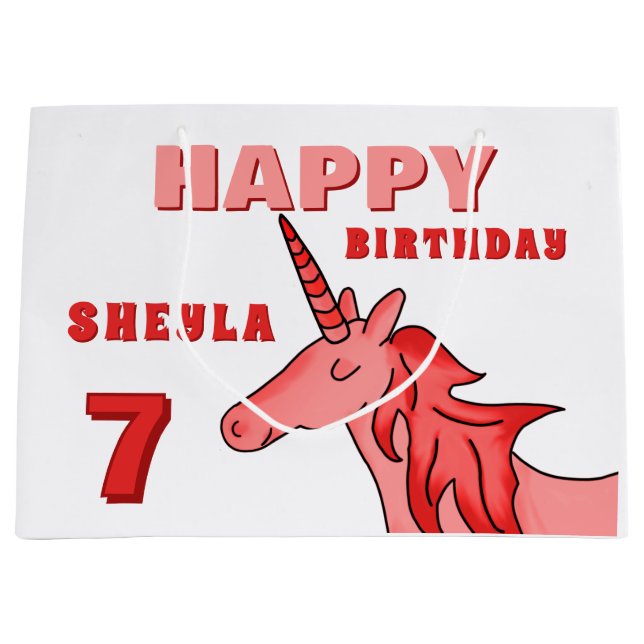 Cute Unicorn Happy Birthday Girl`s Large Gift Bag (Front)