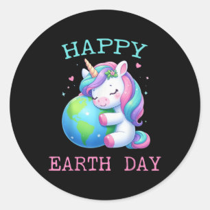 Cute Unicorn Happy Earth Day Groovy Women Men Kids Classic Round Sticker