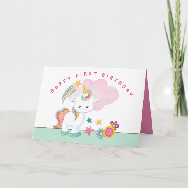 Cute Unicorn Happy First Birthday Card (Front)