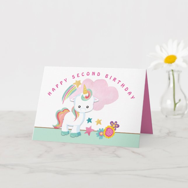 Cute Unicorn Happy Second Birthday Card (Small Plant)