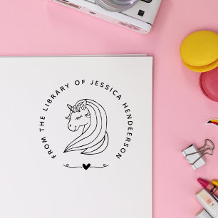 Cute Unicorn Heart Custom Name Library Book Rubber Stamp