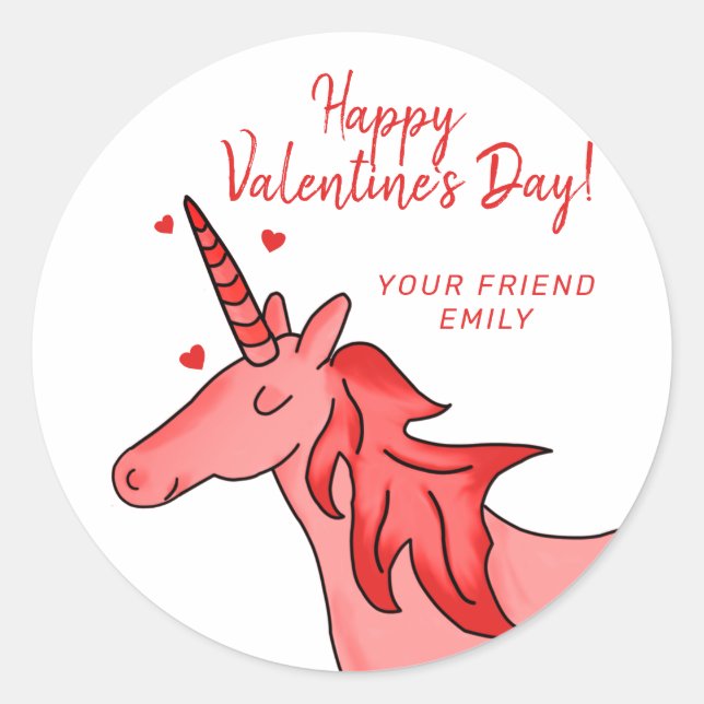 Cute Unicorn Heart Kids Valentine`s day Classic Round Sticker (Front)