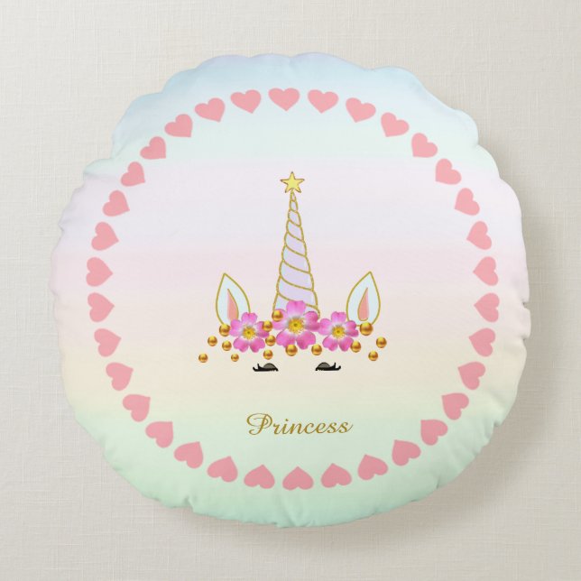 Cute Unicorn, Hearts, Flowers & Gold Confetti Round Cushion (Front)