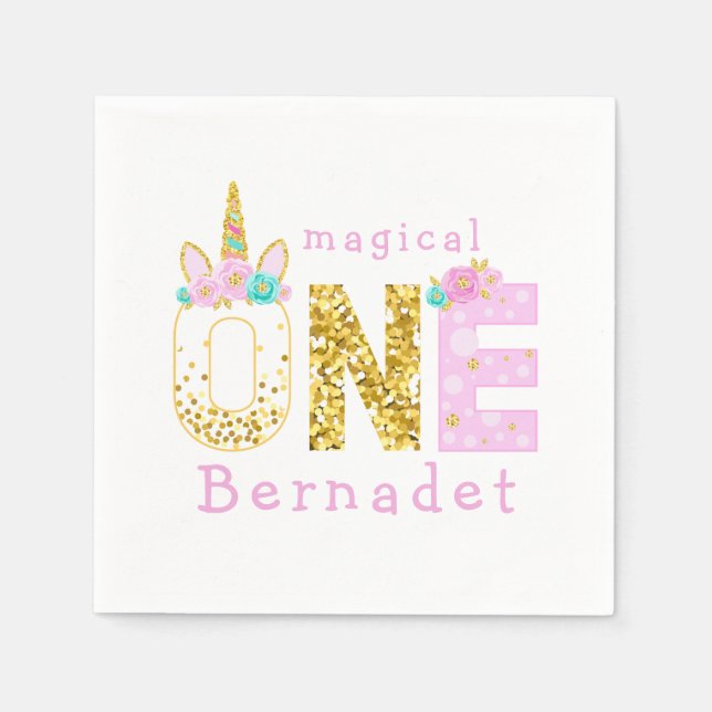 Cute Unicorn Horn 1st Birthday Gold Glitter Napkin (Front)