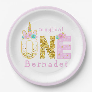 Cute Unicorn Horn 1st Birthday Gold Glitter Paper Plate