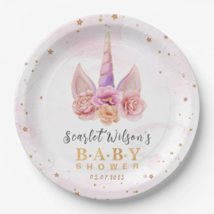 Cute Unicorn Horn Baby Shower Gold Glitter Paper Plate