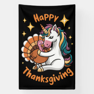 Cute Unicorn Hugs Turkey Happy Thanksgiving Girls  Banner