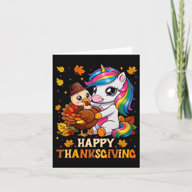Cute Unicorn Hugs Turkey Happy Thanksgiving Girls  Card (Front)
