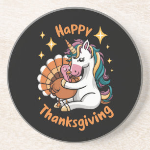 Cute Unicorn Hugs Turkey Happy Thanksgiving Girls  Coaster