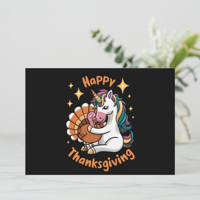 Cute Unicorn Hugs Turkey Happy Thanksgiving Girls  Holiday Card (Standing Front)