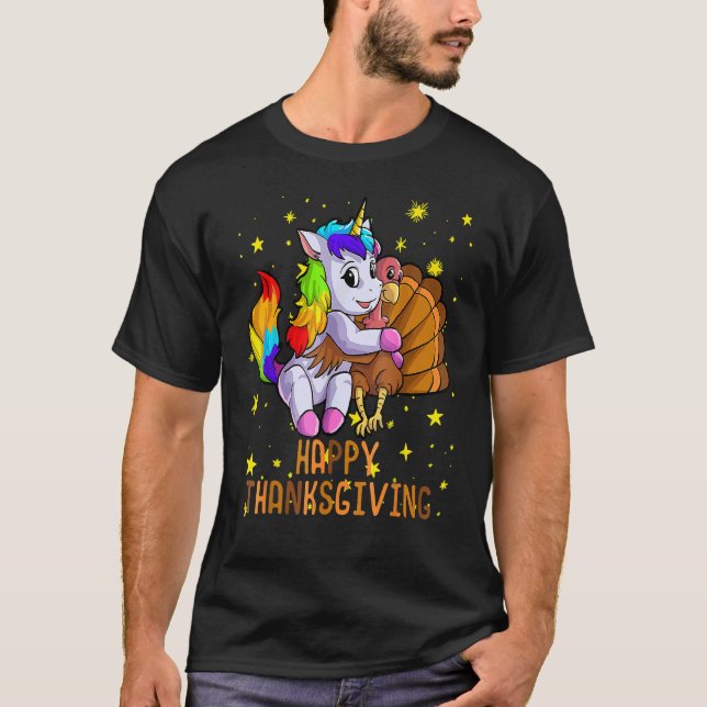 Cute Unicorn Hugs Turkey Happy Thanksgiving Girls T-Shirt (Front)